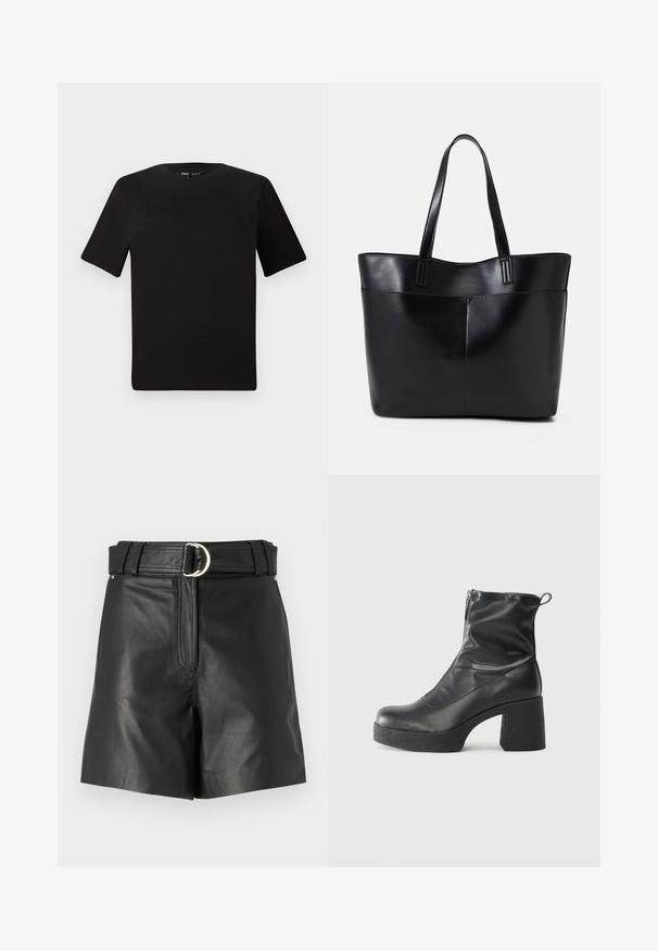 Schwarzes T-Shirt mit kurzen Ärmeln und Rundhalsausschnitt, aus weichem Baumwollmaterial gefertigt. Schlichtes Design, keine sichtbaren Logos oder Muster.; Schwarze Leder-Shorts mit einem breiten Gürtel, der eine silberne runde Schnalle hat. Glatte Textur mit schmaler Passform und einem Reißverschlussdetails vorne.; Schwarze Stiefeletten aus glattem Leder mit seitlichem Reißverschluss, klobigem strukturiertem Absatz und runder Zehenform.; Schwarze Leder-Shopper-Tasche mit zwei langen Griffen, einer glatten Textur und einer strukturierten Form. Verfügt über eine Vordertasche für zusätzlichen Stauraum.