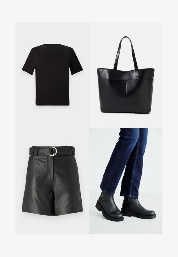 T-shirt nera a maniche corte con scollatura rotonda, realizzata in morbido cotone. Design semplice, senza loghi o motivi visibili.; Pantaloni corti in pelle nera con una cintura larga che presenta una fibbia circolare in argento. Texture liscia con una vestibilità sartoriale e dettagli con zip frontale.; Stivali neri in pelle alla caviglia con suola spessa e pannelli elastici laterali, abbinati a jeans blu scuro. Il terreno è di colore chiaro.; Borsa a tracolla in pelle nera con due manici lunghi, una texture liscia e una forma strutturata. Presenta una tasca frontale per ulteriore spazio di archiviazione.
