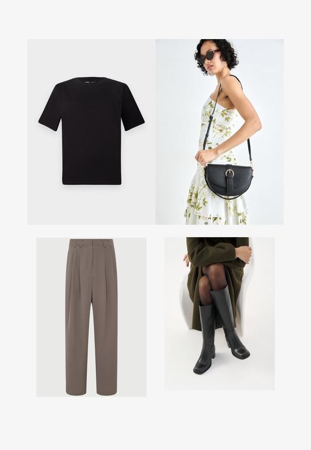 Black short-sleeve t-shirt with a round neckline, crafted from soft cotton fabric. Simple design, no visible logos or patterns.; Brown pleated trousers with a high waist, sleek fabric, wide-leg design, and side pockets, featuring a smooth, lightweight texture.; Knee-high black leather boots with a squared toe and block heel, shown with a model seated in an olive green coat. Smooth texture, minimal detailing.; Black leather handbag with a curved shape, detachable strap, and gold hardware. The bag features a flap with a buckle detail.