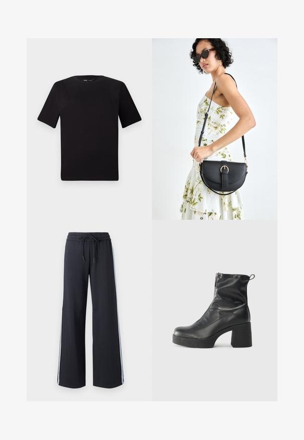 Tricou scurt negru cu mânecă scurtă și guler rotund, realizat dintr-un material de bumbac moale. Design simplu, fără logo-uri sau modele vizibile.; Pantaloni negri cu pantaloni largi, dotati cu un brâu elastic și șnur. Au dungi laterale albastre și o textură netedă, moale.; Bocanci negri de glezna din piele netedă, cu fermoar lateral, toc texturat și masiv, și design cu vârf rotund.; Geantă din piele neagră, cu o formă curbată, curea detașabilă și accesorii aurii. Geanta are un capac cu un detaliu tip cataramă.