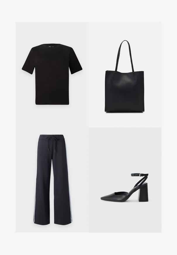 Black short-sleeve t-shirt with a round neckline, crafted from soft cotton fabric. Simple design, no visible logos or patterns.; Black wide-leg pants with an elastic waistband and drawstring. Features blue side stripes and a smooth, soft texture.; Black leather pointy-toe pump with an ankle strap and a chunky heel. Flat texture, sleek design, and minimalistic aesthetics.; Black leather tote bag with smooth texture, rectangular shape, and two long handles. No visible hardware or embellishments.