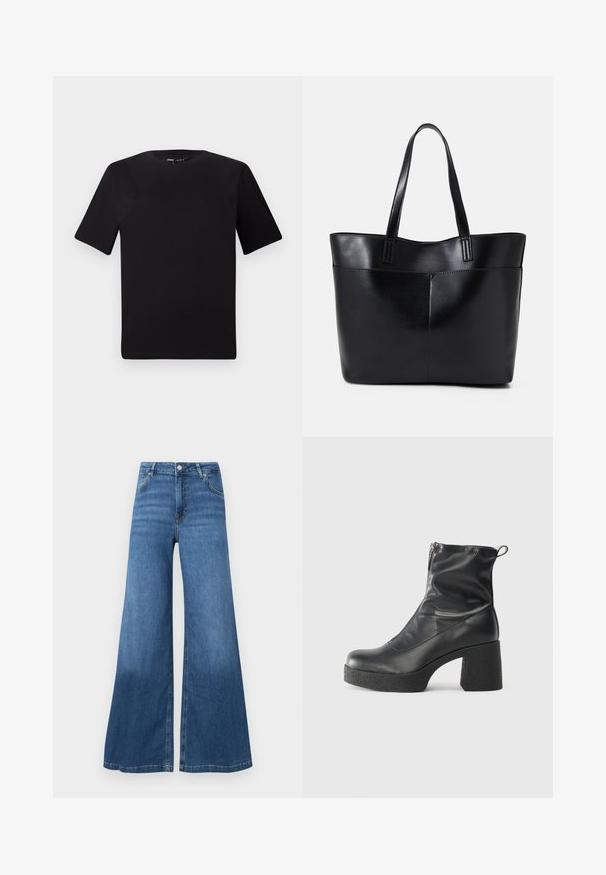 T-shirt preta de mangas curtas com decote redondo, feita de tecido de algodão suave. Design simples, sem logótipos ou padrões visíveis.; Jeans azul de perna larga feitos de denim, com cintura alta, bolsos frontais e bainha limpa. Sem padrões ou adornos visíveis.; Botas de tornozelo pretas feitas de couro liso, com fecho lateral, salto grosso texturizado e design de bico arredondado.; Bolsa tote preta em couro com duas alças longas, textura suave e forma estruturada. Apresenta um bolso frontal para armazenamento adicional.