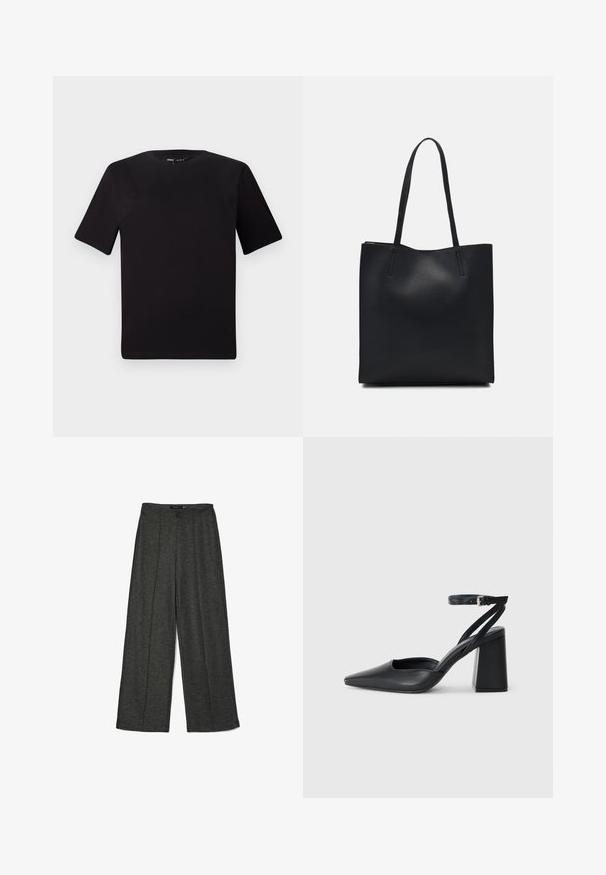 Svart t-skjorte med korte ermer og rund hals, laget av mykt bomullsstoff. Enkelt design, ingen synlige logoer eller mønstre.; Mørkegrå vide bukser lavet af tekstureret stof, med høj talje og to frontfald for ekstra design detaljer.; Svart lær pumps med spiss tå, ankelrem og kraftig hæl. Flat tekstur, strømlinjeformet design og minimalisme.; Svart lær tote bag med glatt tekstur, rektangulær form og to lange håndtak. Ingen synlige deler eller dekorasjoner.