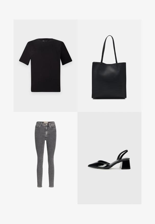 Juodas trumpas rankovės marškinėlis su apvaliu iškirpimu, pagamintas iš minkštos medvilnės medžiagos. Paprastas dizainas, be matomų logotipų ar raštų.; Lieknos džinsai tamsiai pilkos spalvos, su aukštu liemeniu, diržo kilpomis, klasikinio penkių kišenių dizainu ir subtiliais nudilimo akcentais.; Juodos lakuotos odinės šlepetės su smailiu pirštu ir geometriniu bloko kulnu. Turi elegantišką, minimalistinį dizainą ir lygų paviršių.; Juodas odinis tote krepšys su lygia tekstūra, stačiakampio formos ir dviem ilgais rankenomis. Matomų metalinių detalių ar puošybos nėra.