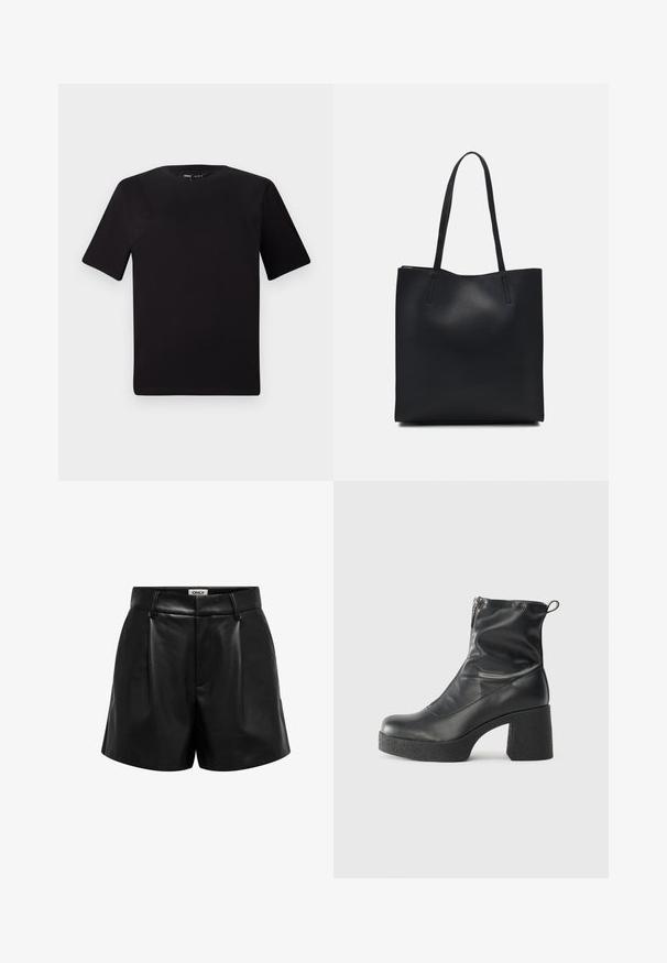 Tricou scurt negru cu mânecă scurtă și guler rotund, realizat dintr-un material de bumbac moale. Design simplu, fără logo-uri sau modele vizibile.; Shorts negri din piele sintetică, cu talie înaltă, cu bucle pentru curea, pliuri frontale și închidere cu fermoar ascuns, eticheta "ONLY" în interiorul taliei.; Bocanci negri de glezna din piele netedă, cu fermoar lateral, toc texturat și masiv, și design cu vârf rotund.; Geantă tote neagră din piele, cu textură netedă, formă rectangulară și două mânere lungi. Fără hardware vizibil sau ornamente.