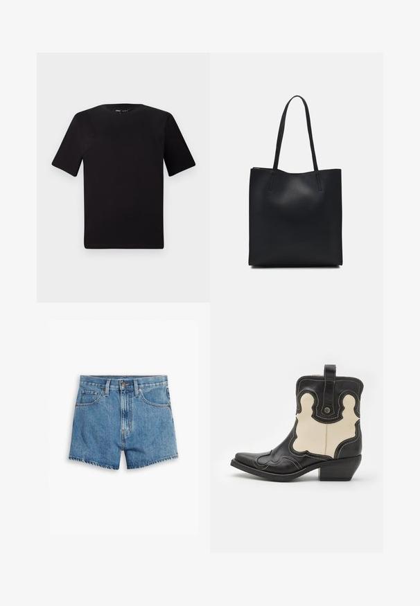 Čierne tričko s krátkym rukávom a okrúhlym výstrihom, vyrobené z mäkkej bavlny. Jednoduchý dizajn, bez viditeľných log alebo vzorov.; Džínové šortky v svetlo modrej farbe, s piatimi vreckami, zipsom a zapínaním na gombík. Spodný lem je rozstrapkaný s voľným strihom.; Čierne a krémové kožené kovbojské topánky s bielym prešívaním, špicatou špičkou, zakrivenými vzormi a krátkym vrstvovým podpätkom. Popruh na zadnej strane.; Čierna kožená taška na rameno s hladkým povrchom, obdĺžnikovým tvarom a dvoma dlhými uchami. Bez viditeľného kovania alebo ozdôb.