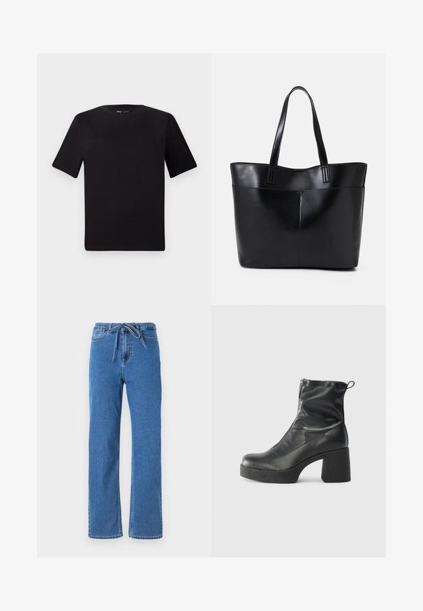 T-shirt preta de mangas curtas com decote redondo, feita de tecido de algodão suave. Design simples, sem logótipos ou padrões visíveis.; Jeans em denim azul com um corte relaxado, apresentando uma cintura com cordão, pernas retas e detalhes de costura clássicos. Sem adornos.; Botas de tornozelo pretas feitas de couro liso, com fecho lateral, salto grosso texturizado e design de bico arredondado.; Bolsa tote preta em couro com duas alças longas, textura suave e forma estruturada. Apresenta um bolso frontal para armazenamento adicional.