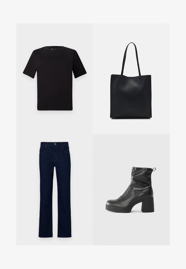 Tricou scurt negru cu mânecă scurtă și guler rotund, realizat dintr-un material de bumbac moale. Design simplu, fără logo-uri sau modele vizibile.; Jeans de culoare albastru închis, cu o tăietură dreaptă, realizate din material denim. Caracteristici includ închidere cu buton în față și cinci buzunare.; Bocanci negri de glezna din piele netedă, cu fermoar lateral, toc texturat și masiv, și design cu vârf rotund.; Geantă tote neagră din piele, cu textură netedă, formă rectangulară și două mânere lungi. Fără hardware vizibil sau ornamente.