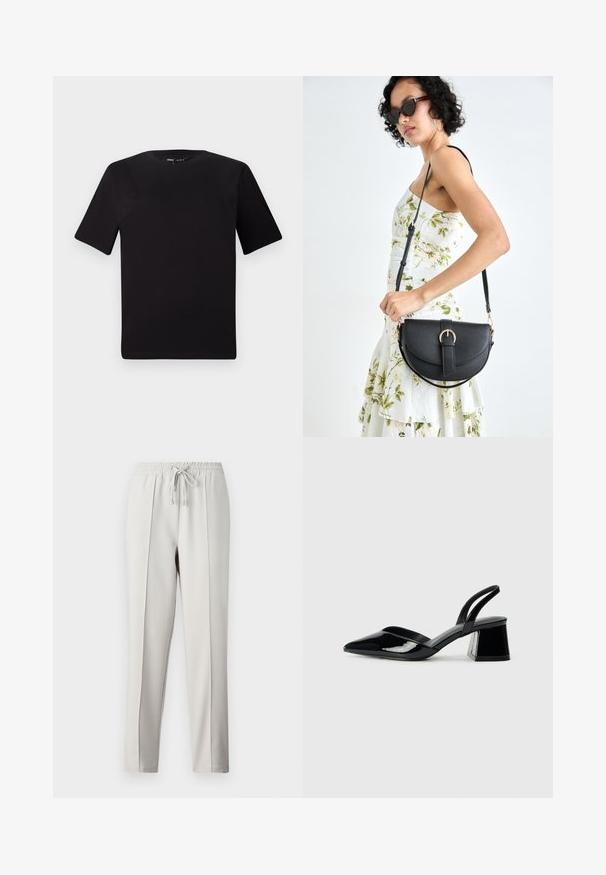 Musta lyhythihainen t-paita pyöreällä kaula-aukolla, valmistettu pehmeästä puuvillakankaasta. Yksinkertainen malli, ei näkyviä logoja tai kuvioita.; Vaaleanharmaat jogging-housut, joissa on joustava vyötärö, nyöri ja sivusaumat. Valmistettu sileästä kankasta rentoa istuvuutta varten.; Mustat patentoitu nahkakengät, joissa on säären takaosa ja terävä kärki, sekä geometrinen palikkakorko. Sisältää tyylikkään, minimalistisen muotoilun ja sileän pinnan.; Musta nahkainen käsilaukku, joka on kaareva muotoilultaan, irrotettavalla hihnalla ja kultaisilla yksityiskohdilla. Laukussa on läppä, jossa on solk yksityiskohta.