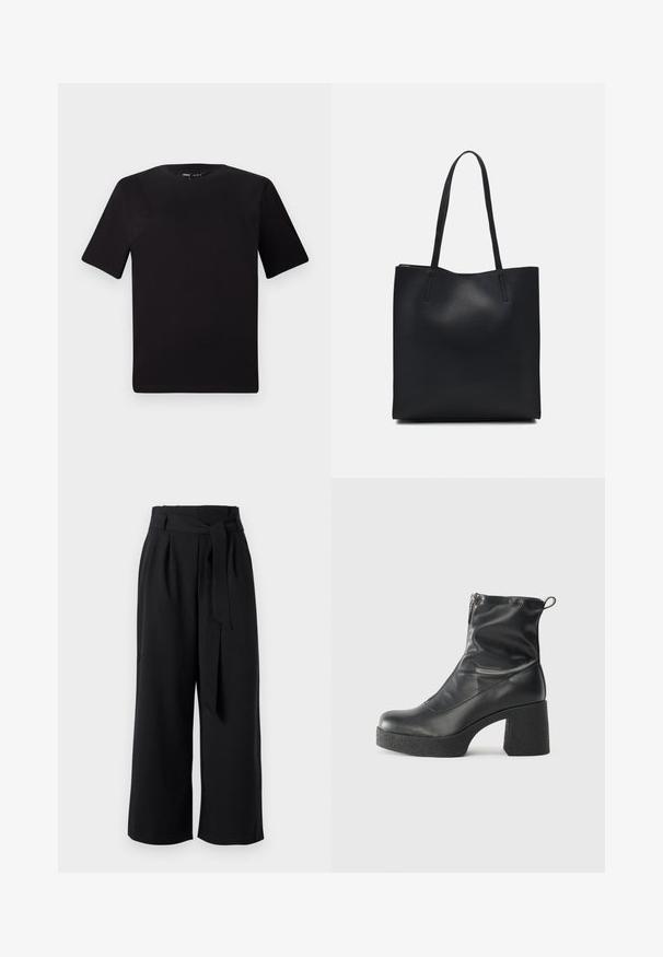 Black short-sleeve t-shirt with a round neckline, crafted from soft cotton fabric. Simple design, no visible logos or patterns.; Black wide-leg trousers made of lightweight fabric, featuring a tied waistband, pleats, and a cropped cut above the ankle.; Black ankle boots made of smooth leather, featuring a side zipper, chunky textured heel, and rounded toe design.; Black leather tote bag with smooth texture, rectangular shape, and two long handles. No visible hardware or embellishments.