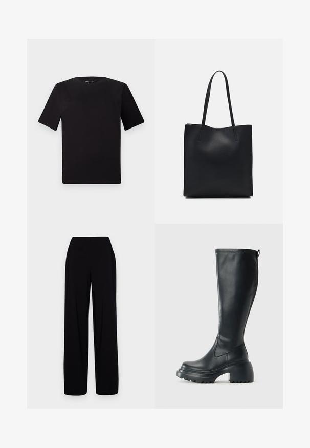 Must olema lühikeste varrukatega must t-särk ümmarguse kaelusega, valmistatud pehmest puuvillast kangast. Lihtne disain, ilma nähtavate logode või mustriteta.; Mustad laiad püksid, mis on valmistatud siledast ja venivast kangast. Omavad kõrget elastset vöökohta ja lihtsat, ilma kaunistusteta disaini.; Kõrge must nahksaapad, millel on massiivne platvormi tald ja blokk-kand, varustatud tõmbenööriga ja tekstuuriga väljatõmbejääk.; Mustast nahast kott sujuva tekstuuriga, ristkülikukujuline ja kahe pika sangaga. Pole nähtavat riistvara ega kaunistusi.