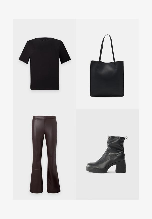 Camiseta negra de manga corta con cuello redondo, fabricada en suave algodón. Diseño simple, sin logos ni patrones visibles.; Pantalones de imitación de cuero marrón acampanados con una textura suave, cintura alta y un diseño limpio, que presentan piernas acampanadas en el dobladillo para un estilo añadido.; Botines negros de tobillo, hechos de cuero suave, con cierre lateral, tacón grueso texturizado y diseño de punta redondeada.; Bolso tote de cuero negro con textura lisa, forma rectangular y dos asas largas. Sin herrajes ni adornos visibles.