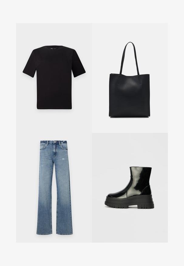Svart t-skjorte med korte ermer og rund hals, laget av mykt bomullsstoff. Enkelt design, ingen synlige logoer eller mønstre.; Lyseblå denimjeans med høy midje, vide ben, lett slitasje og tradisjonell fem-lommers konstruksjon.; Svart, blank ankelstøvel med tykk såle og rund tå, sett fra siden på en enkel, lys grå bakgrunn.; Svart lær tote bag med glatt tekstur, rektangulær form og to lange håndtak. Ingen synlige deler eller dekorasjoner.