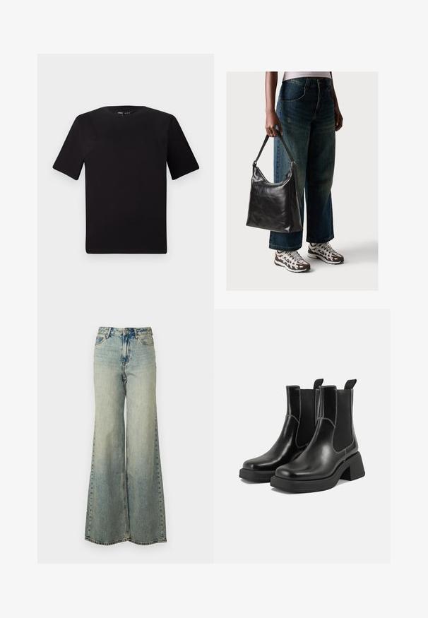 Svart t-skjorte med korte ermer og rund hals, laget av mykt bomullsstoff. Enkelt design, ingen synlige logoer eller mønstre.; Lyseblå vide jeans laget av denim, med høy midje, falmet vask og sidelommer med synlige sømmer.; Sorte lær Chelsea støvler med en kraftig hæl, elastiske sidepaneler og kontrasterende hvid syning. Teksturert overflate.; Sort skinnveske med en glatt tekstur og justerbar stropp, kombinert med falmede vide jeans og atletiske sneakers.
