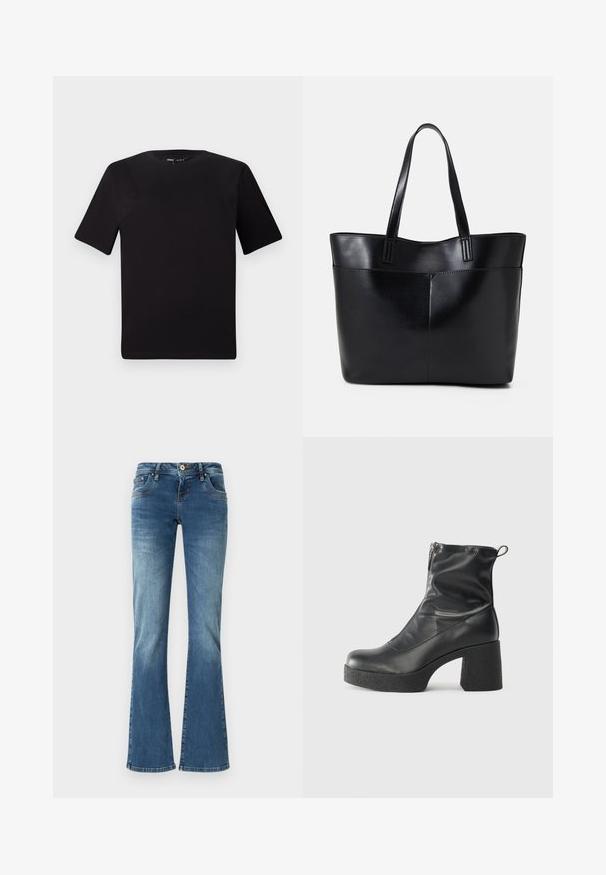 Svart t-skjorte med korte ermer og rund hals, laget av mykt bomullsstoff. Enkelt design, ingen synlige logoer eller mønstre.; Brettede denimjeans i mellomblått med kontrasterende sømmer, fem lommer og klassisk knapp- og glidelåsdetalj.; Svarte ankelstøvler laget av glatt lær, med glidelås på siden, chunky strukturert hæl, og rund tå-design.; Svart lær toteveske med to lange håndtak, en glatt tekstur og en strukturert form. Har en frontlomme for ekstra oppbevaring.