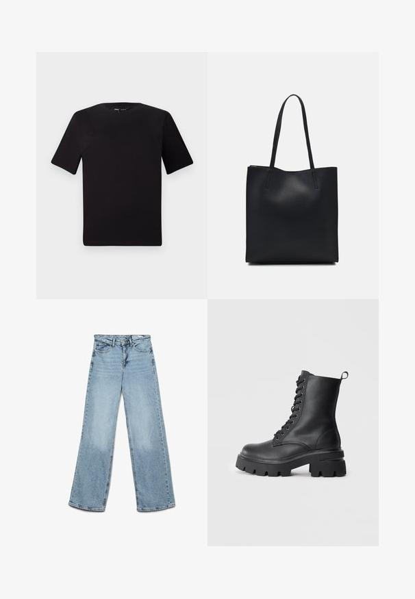 Zwarte T-shirt met korte mouwen en een ronde hals, gemaakt van zachte katoenstof. Eenvoudig ontwerp, geen zichtbare logo's of patronen.; Lichtblauwe wijde jeans van denim, met een klassiek vijf-pocket ontwerp en een rechte snit met minimale vervaging op de benen.; Zwarte leren veterschoenen met een chunky zool, ronde neus en gestructureerde bovenkant. Voorzien van metalen oogjes en een klein trekkoordje aan de achterkant.; Zwarte leren handtas met een gladde textuur, rechthoekige vorm en twee lange handvaten. Geen zichtbare hardware of versieringen.