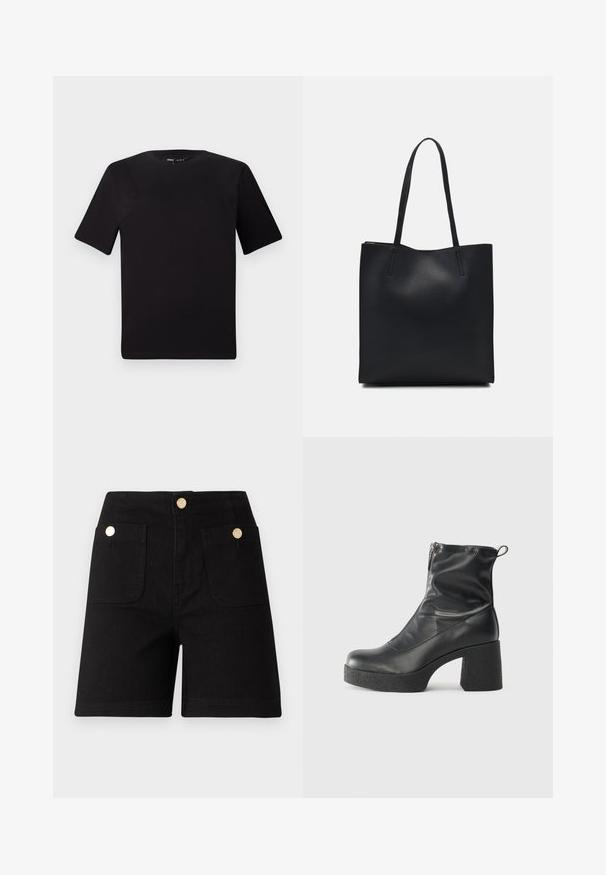 T-shirt preta de mangas curtas com decote redondo, feita de tecido de algodão suave. Design simples, sem logótipos ou padrões visíveis.; Calções de ganga pretos com uma cintura alta, apresentando dois bolsos frontais e botões de metal dourados para fecho e acentos. Textura suave.; Botas de tornozelo pretas feitas de couro liso, com fecho lateral, salto grosso texturizado e design de bico arredondado.; Bolsa tote preta em couro com textura lisa, forma retangular e duas alças longas. Sem hardware ou enfeites visíveis.
