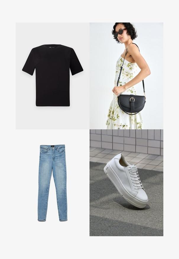 Černé tričko s krátkým rukávem a kulatým výstřihem, vyrobené z měkké bavlněné látky. Jednoduchý design, žádné viditelné logo nebo vzory.; Světlé modré vybledlé skinny džíny s předním knoflíkem a designem pěti kapes ležící na bílém pozadí.; Bílé kožené tenisky s nízkým designem, plochými tkaničkami, zaoblenou špičkou a texturovanými bočními stranami. Silná gumová podrážka s jemnými akcenty.; Černá kožená kabelka s křivkovým tvarem, odnímatelným popruhem a zlatými detaily. Kabelka má klopu s přezkou.