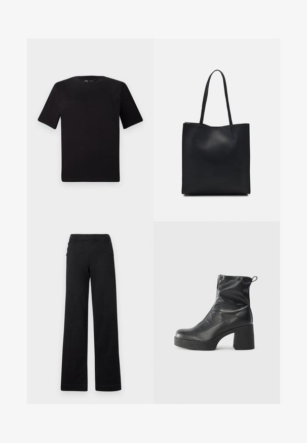 Crna majica kratkih rukava s okruglim izrezom, izrađena od mekane pamučne tkanine. Jednostavan dizajn, bez vidljivih logotipa ili uzoraka.; Crne široke hlače s visokim strukom, dugmićima na stranama i glatkom denimskom teksturom s urednim završetkom.; Crne gležnjače od glatke kože, s bočnim zatvaračem, debelim teksturiranim potplatom i dizajnom s zaobljenim prstima.; Crna kožna torba za nošenje s glatkom teksturom, pravokutnim oblikom i dvije duge ručke. Nema vidljivih metalnih dijelova ili ukrasa.