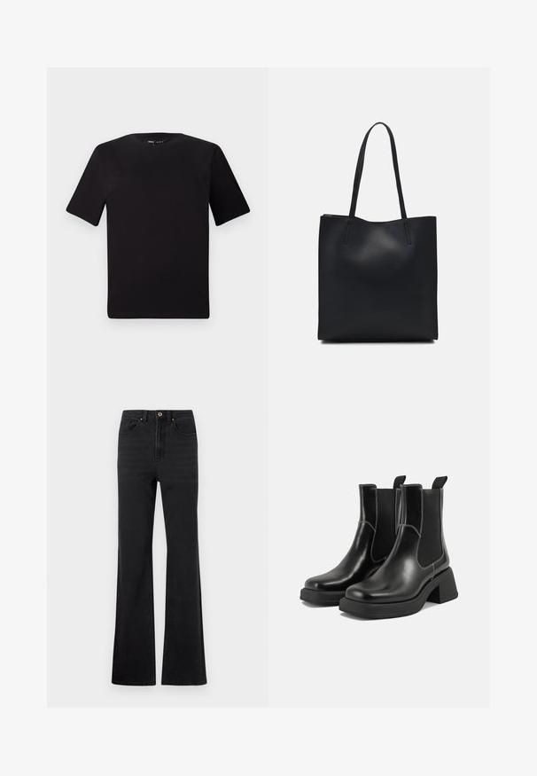 Tricou scurt negru cu mânecă scurtă și guler rotund, realizat dintr-un material de bumbac moale. Design simplu, fără logo-uri sau modele vizibile.; Jeans negri din denim cu talie înaltă, cu nasture frontal, bucle pentru curea și picioare ușor evazate, pe un fundal alb.; Botine Chelsea din piele neagră, cu toc masiv, panouri laterale elastice și cusături albe contrastante. Finisaj texturat.; Geantă tote neagră din piele, cu textură netedă, formă rectangulară și două mânere lungi. Fără hardware vizibil sau ornamente.