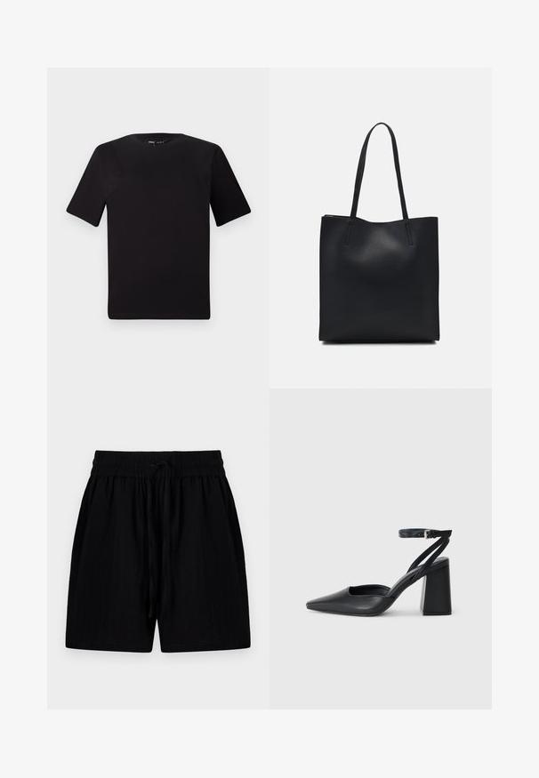 Juodas trumpas rankovės marškinėlis su apvaliu iškirpimu, pagamintas iš minkštos medvilnės medžiagos. Paprastas dizainas, be matomų logotipų ar raštų.; Juodi šortai iš lengvos medžiagos, su raišteliu juosmenyje, turintys šonines kišenes ir tekstūruotą paviršių.; Juoda odinė smailiagalė aukštakulnio bateliai su kulkšnies dirželiu ir storu kulnu. Lygus paviršius, elegantiškas dizainas ir minimalistiška estetinė. ; Juodas odinis tote krepšys su lygia tekstūra, stačiakampio formos ir dviem ilgais rankenomis. Matomų metalinių detalių ar puošybos nėra.