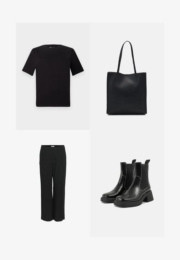 Zwarte T-shirt met korte mouwen en een ronde hals, gemaakt van zachte katoenstof. Eenvoudig ontwerp, geen zichtbare logo's of patronen.; Zwarte broek met wijde pijpen, gemaakt van een lichte stof. Voorzien van een elastische tailleband en een soepele textuur. Geen zakken of zichtbare patronen.; Zwarte leren Chelsea-boots met een chunky hak, elastische zijpanelen en contrasterende witte stiksels. Gestructureerde afwerking.; Zwarte leren handtas met een gladde textuur, rechthoekige vorm en twee lange handvaten. Geen zichtbare hardware of versieringen.