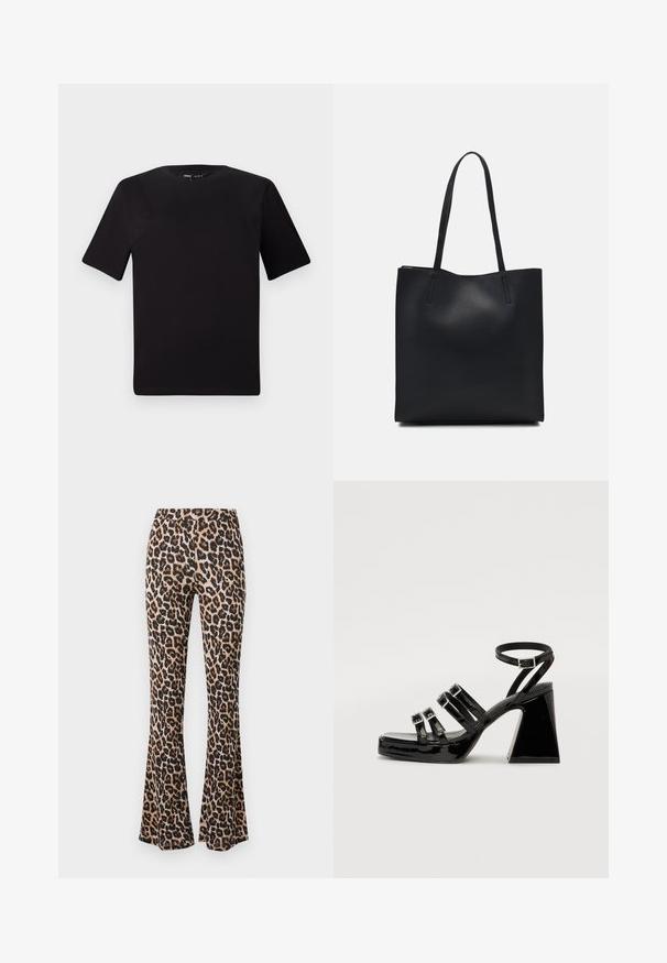 Must olema lühikeste varrukatega must t-särk ümmarguse kaelusega, valmistatud pehmest puuvillast kangast. Lihtne disain, ilma nähtavate logode või mustriteta.; Leopardimustriga flared püksid beeži ja musta värviga, pehmest kangast, sileda tekstuuriga, kitsaks jätkuva talje ja laieneva hemiga.; Mustad lakknahast kontsaga sandaalid, millel on ruudukujuline varvas, mitme rihmaga disain, reguleeritav pahkluu rihm ja paks geomeetriline konts.; Mustast nahast kott sujuva tekstuuriga, ristkülikukujuline ja kahe pika sangaga. Pole nähtavat riistvara ega kaunistusi.