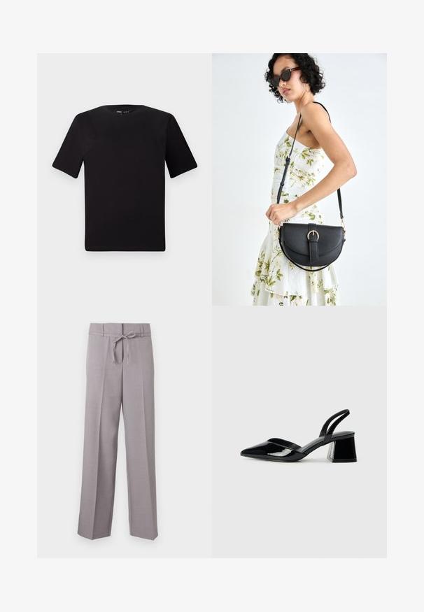 Must olema lühikeste varrukatega must t-särk ümmarguse kaelusega, valmistatud pehmest puuvillast kangast. Lihtne disain, ilma nähtavate logode või mustriteta.; Heledad hallid, laiad püksid pehme tekstuuriga, millel on nööriga vöökoht ja pressitud voldid, tagades struktureeritud istuvuse.; Mustad musta lakknahk kingad, millel on terav varvas ja geomeetriline plokkkonts. Omab elegantselt minimalistlikku disaini ja sujuvat tekstuuri.; Mustmust mustraha kõverate joontega, eemaldatava rihmaga ja kuldsete detailidega. Kotil on klapp, millel on pandladetail.