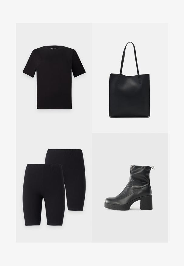 Fekete, rövid ujjú póló, kerek nyakkal, puha pamutból készült. Egyszerű dizájn, nincs látható logó vagy minta.; Fekete pamut kerékpáros nadrág, rugalmas derékkal, sima felülettel és térdhez érő hosszúsággal. Két pár egymás mellett látható.; Fekete bokacsizmák sima bőrből, oldalsó cipzárral, vastag, texturált sarkú és lekerekített orrú dizájnnal.; Fekete bőrtáska sima felszínnel, téglalap alakú, két hosszú füllel. Nincs látható fémkiegészítő vagy díszítés.
