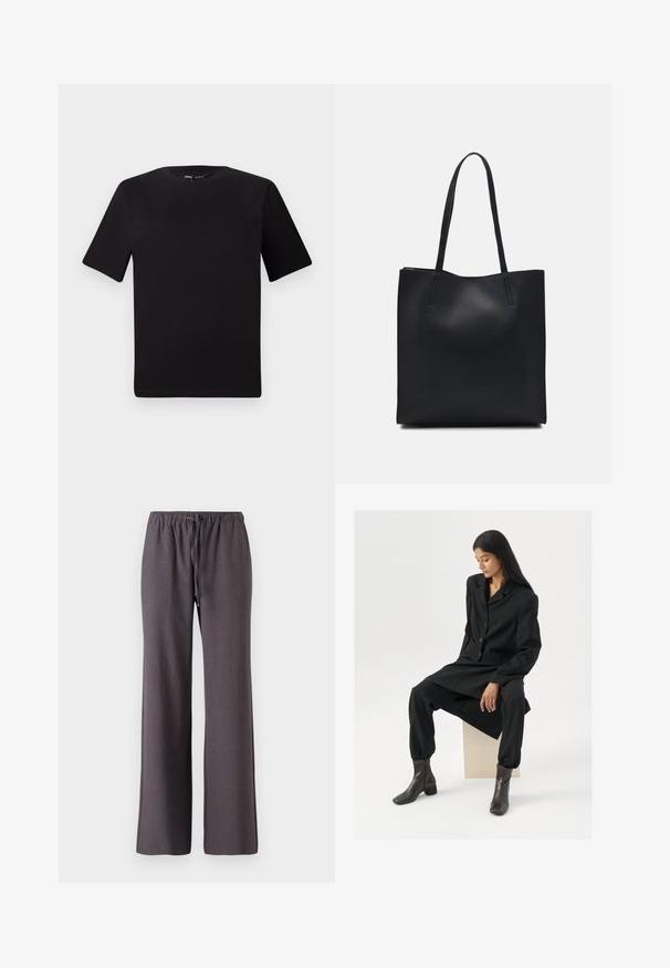 Zwarte T-shirt met korte mouwen en een ronde hals, gemaakt van zachte katoenstof. Eenvoudig ontwerp, geen zichtbare logo's of patronen.; Donkergrijze rechte broek met elastische tailleband en voorste trekkoord, weergegeven op een witte achtergrond.; Zwarte op maat gemaakte suit met een blazer en tapered broek, gecombineerd met bruine enkellaarzen. Glad textuur, minimalistisch ontwerp, geen zichtbare patronen.; Zwarte leren handtas met een gladde textuur, rechthoekige vorm en twee lange handvaten. Geen zichtbare hardware of versieringen.