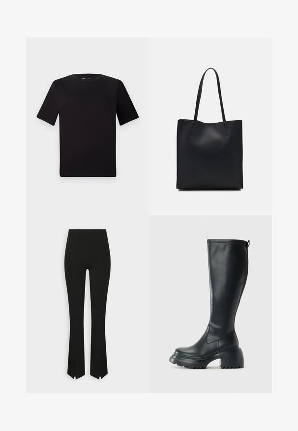 Černé tričko s krátkým rukávem a kulatým výstřihem, vyrobené z měkké bavlněné látky. Jednoduchý design, žádné viditelné logo nebo vzory.; Černé kalhoty s rozšířením, které mají žebrovanou texturu, s postranními rozparky na lemu a vysokým pasem. Hladký materiál bez viditelných ozdob.; Vysoká černá kožená bota s masivní platformou a blokovým podpatkem, s poutkem a texturovaným vzorkem na podrážce.; Černá kožená taška přes rameno s hladkým povrchem, obdélníkovým tvarem a dvěma dlouhými uchy. Žádné viditelné kování ani ozdoby.