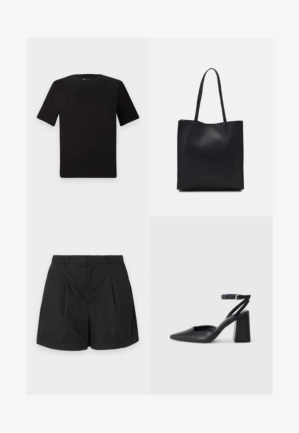 Schwarzes T-Shirt mit kurzen Ärmeln und Rundhalsausschnitt, aus weichem Baumwollmaterial gefertigt. Schlichtes Design, keine sichtbaren Logos oder Muster.; Schwarze Shorts aus einem leichten, glatten Stoff. Mit Falten auf der Vorderseite, einer taillierten Silhouette und einem umgerollten Saum.; Schwarze Leder-Pumps mit spitzer Zehe, einem Knöchelriemen und einem blockigen Absatz. Flache Textur, elegantes Design und minimalistische Ästhetik.; Schwarze Laptoptasche aus Leder mit glatter Textur, rechteckiger Form und zwei langen Griffen. Keine sichtbaren Beschläge oder Verzierungen.