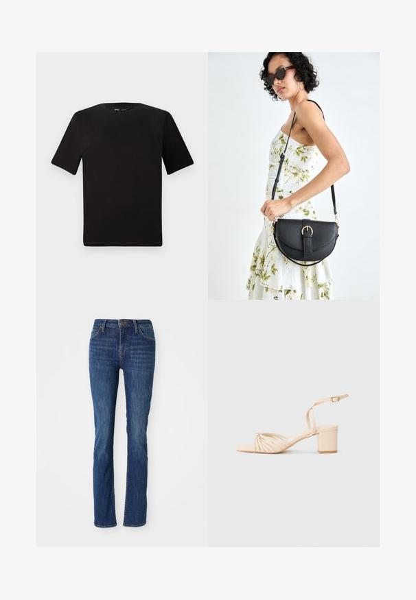 Svart t-skjorte med korte ermer og rund hals, laget av mykt bomullsstoff. Enkelt design, ingen synlige logoer eller mønstre.; Blå rettkledde jeans med lett falming, frontlommer, beltehemper og knappelukking på hvit bakgrunn.; Beige stroppete høye sandaler med firkantet tå, tvunnet frontdesign, ankelstropp og blokkhæl. Glatt tekstur, minimalistisk stil.; Svart lærveske med en buet form, avtagbar stropp og gullbeslag. Vesken har et klaff med spenne-detall.