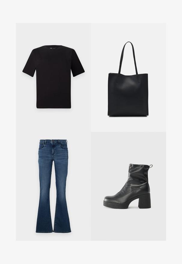 Sort kortærmet t-shirt med rund halsudskæring, lavet af blødt bomuldsstof. Enkel design, ingen synlige logoer eller mønstre.; Mørkeblå flagrende jeans med fem-lomme design, denim materiale, en talje med knaplukning og diskret falming foran.; Sorte ankelstøvler lavet af glat læder, med en sidelukning, kraftig struktureret hæl og rundt tådesign.; Sort læder tote taske med glat tekstur, rektangulær form og to lange hanke. Ingen synlig hardware eller udsmykninger.