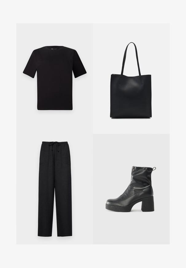 T-shirt preta de mangas curtas com decote redondo, feita de tecido de algodão suave. Design simples, sem logótipos ou padrões visíveis.; Calças largas pretas feitas de tecido texturizado, com um cós elástico e dois bolsos laterais para funcionalidade.; Botas de tornozelo pretas feitas de couro liso, com fecho lateral, salto grosso texturizado e design de bico arredondado.; Bolsa tote preta em couro com textura lisa, forma retangular e duas alças longas. Sem hardware ou enfeites visíveis.