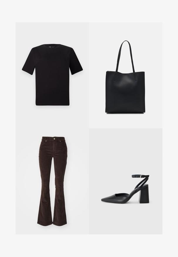 Svart t-skjorte med korte ermer og rund hals, laget av mykt bomullsstoff. Enkelt design, ingen synlige logoer eller mønstre.; Vero Moda VMFLASH FLARED PANTS - Bukse - chocolate torte; Svart lær pumps med spiss tå, ankelrem og kraftig hæl. Flat tekstur, strømlinjeformet design og minimalisme.; Svart lær tote bag med glatt tekstur, rektangulær form og to lange håndtak. Ingen synlige deler eller dekorasjoner.