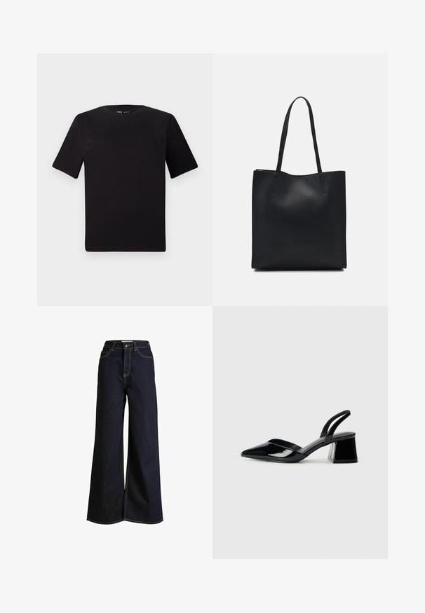 T-shirt preta de mangas curtas com decote redondo, feita de tecido de algodão suave. Design simples, sem logótipos ou padrões visíveis.; Calças de ganga escuras de perna larga com uma cintura alta, apresentando costuras amarelas em contraste e um design limpo e estruturado.; Sandy em verniz preto com salto slingback, ponta afilada e salto geométrico. Apresenta um design elegante e minimalista com textura suave.; Bolsa tote preta em couro com textura lisa, forma retangular e duas alças longas. Sem hardware ou enfeites visíveis.
