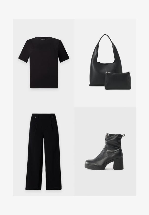 Svart kortärmad t-shirt med rund halsringning, tillverkad i mjukt bomullstyg. Enkelt mönster, utan synliga logotyper eller mönster.; Svarta vida byxor med platt fram, sidofickor och två knappar i midjan. Slät tyg med en subtil lyster.; Svarta ankelstövlar i slitstark läder, med sidodragkedja, kraftig strukturerad klack och rundad tådesign.; Even&Odd Handväska - black