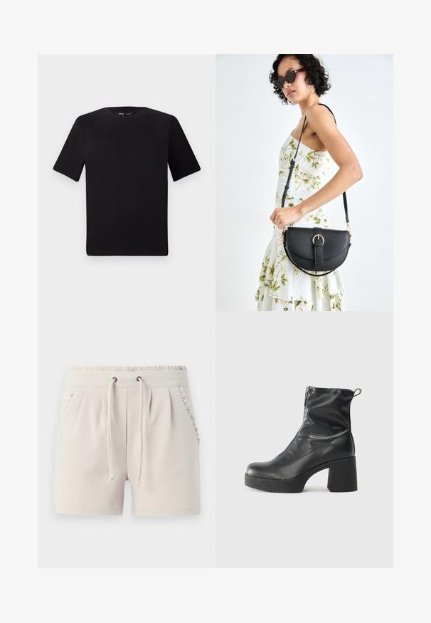 T-shirt noir à manches courtes avec un col rond, fabriqué en coton doux. Design simple, sans logos ni motifs visibles.; Shorts beige clair avec une taille élastique, un cordon de serrage, des poches latérales et des volants le long des bords des poches. Texture de tissu douce.; Bottes noires à la cheville en cuir lisse, dotées d'une fermeture éclair sur le côté, d'un talon épais texturé et d'une conception à bout rond.; Sac à main en cuir noir avec une forme courbée, bandoulière amovible et des accessoires en or. Le sac est doté d'un rabat avec un détail de boucle.