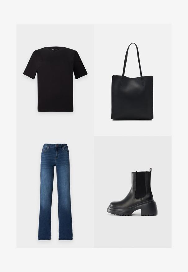 Svart t-skjorte med korte ermer og rund hals, laget av mykt bomullsstoff. Enkelt design, ingen synlige logoer eller mønstre.; Mørkeblå denimjeans med rett ben-design, middels høyde i midjen, og subtil falming ved kantene. Har fem lommer og knappelukking.; svarte lær ankelstøvler med elastiske sidepaneler, tykk klumpete såle og teksturert grepdetalj på yttersålen. Minimalistisk design.; Svart lær tote bag med glatt tekstur, rektangulær form og to lange håndtak. Ingen synlige deler eller dekorasjoner.