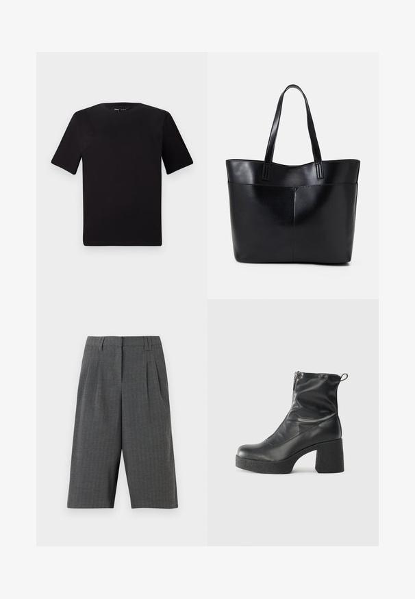 Juodas trumpas rankovės marškinėlis su apvaliu iškirpimu, pagamintas iš minkštos medvilnės medžiagos. Paprastas dizainas, be matomų logotipų ar raštų.; Pilki šunų dantų rašto šortai su klostėmis, turintys pritaikytą dizainą ir vidutinio ilgio iki šlaunų. Pagaminti iš tekstūruoto audinio, matomų užsegimų nėra.; Juodos kulkšninių botai, pagaminti iš lygaus odos, su šoniniu užtrauktuku, masyviu tekstūruotu kulnu ir apvaliu pirštu.; Juoda odinė rankinė su dviem ilgais diržais, lygiu paviršiumi ir struktūrizuota forma. Yra priekinė kišenė papildomam saugojimui.