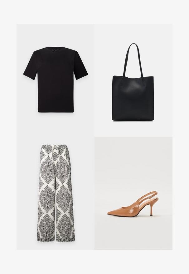 T-shirt nera a maniche corte con scollatura rotonda, realizzata in morbido cotone. Design semplice, senza loghi o motivi visibili.; Pantaloni a gamba larga in crema con un motivo a diamante ornato nero. Presentano un elastico in vita con dettaglio alla coulisse e una texture liscia.; Tacco slingback a punta affusolata in un materiale tan liscio e lucido. Presenta un design con ritaglio curvo e un sottile tacco a stiletto. Dettaglio con fibbia argentata.; Borsa tote in pelle nera con texture liscia, forma rettangolare e due manici lunghi. Nessun hardware o decorazione visibile.