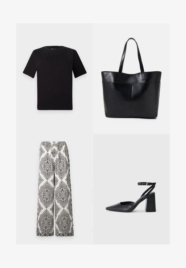 Black short-sleeve t-shirt with a round neckline, crafted from soft cotton fabric. Simple design, no visible logos or patterns.; Wide-leg pants in cream with a black ornate diamond pattern. Features an elastic waistband with a tie detail and a smooth texture.; Black leather pointy-toe pump with an ankle strap and a chunky heel. Flat texture, sleek design, and minimalistic aesthetics.; Black leather tote bag with two long handles, a smooth texture, and a structured shape. Features a front pocket for additional storage.