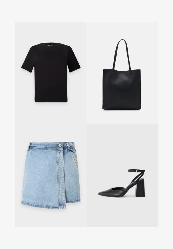 Black short-sleeve t-shirt with a round neckline, crafted from soft cotton fabric. Simple design, no visible logos or patterns.; Light blue denim skirt with a straight cut, front button closure, and contrasting stitching along seams. No pockets visible.; Black leather pointy-toe pump with an ankle strap and a chunky heel. Flat texture, sleek design, and minimalistic aesthetics.; Black leather tote bag with smooth texture, rectangular shape, and two long handles. No visible hardware or embellishments.