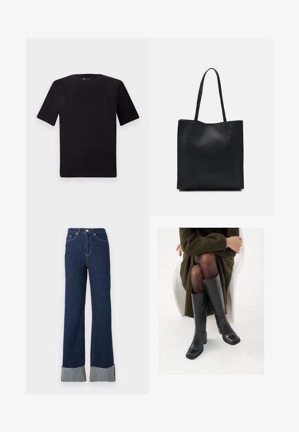 Fekete, rövid ujjú póló, kerek nyakkal, puha pamutból készült. Egyszerű dizájn, nincs látható logó vagy minta.; Sötétkék denim széles szárú farmernadrág magas derékkal, nyers szegéllyel és világosabb denim mandzsettával a bokáknál. Ezüst gombos záródás.; Térdfelett érő fekete bőr csizmák négyzet alakú orral és tömbtalppal, olajzöld kabátban ülő modellel bemutatva. Simaság, minimalista részletezés.; Fekete bőrtáska sima felszínnel, téglalap alakú, két hosszú füllel. Nincs látható fémkiegészítő vagy díszítés.