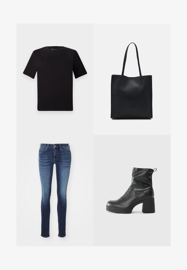Crna majica kratkih rukava s okruglim izrezom, izrađena od mekane pamučne tkanine. Jednostavan dizajn, bez vidljivih logotipa ili uzoraka.; Uske traperice u tamnoplavoj denimu s izbljeđenim pranjem, s dizajnom od pet džepova, metalnim dugmetom i patentnim zatvaračem.; Crne gležnjače od glatke kože, s bočnim zatvaračem, debelim teksturiranim potplatom i dizajnom s zaobljenim prstima.; Crna kožna torba za nošenje s glatkom teksturom, pravokutnim oblikom i dvije duge ručke. Nema vidljivih metalnih dijelova ili ukrasa.