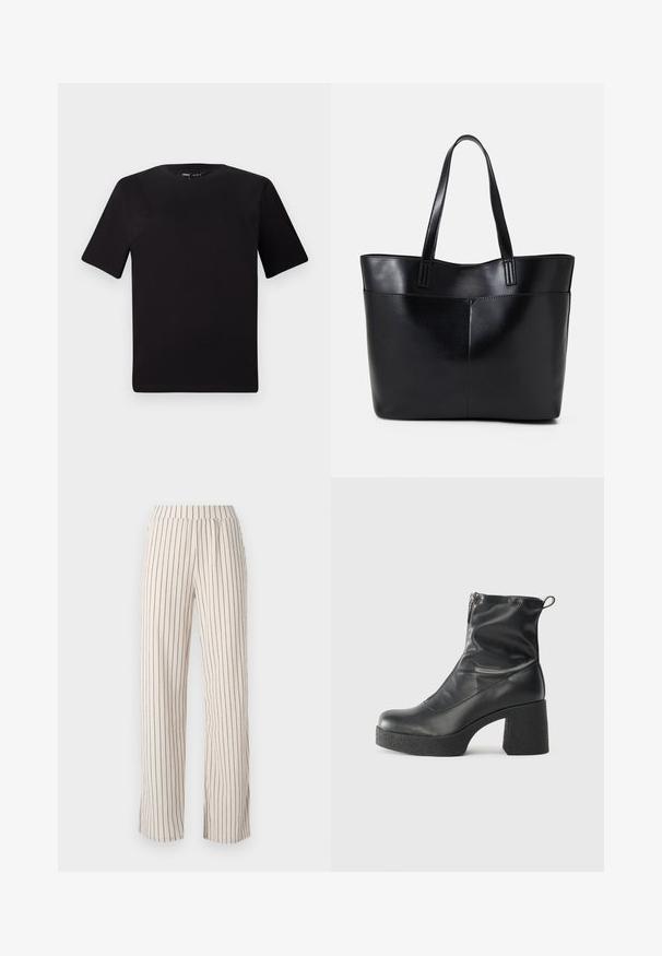 Černé tričko s krátkým rukávem a kulatým výstřihem, vyrobené z měkké bavlněné látky. Jednoduchý design, žádné viditelné logo nebo vzory.; Béžové kalhoty širokého střihu s vertikálními námořnickými pruhy, mají elastický pas a volný střih. Měkká látka s jemnou texturou.; Černé kotníkové boty vyrobené z hladké kůže, s bočním zipem, robustním strukturovaným podpatkem a kulatou špičkou.; Černá kožená taška s dlouhými ušima, hladkým povrchem a strukturovaným tvarem. Obsahuje přední kapsu pro další úložný prostor.