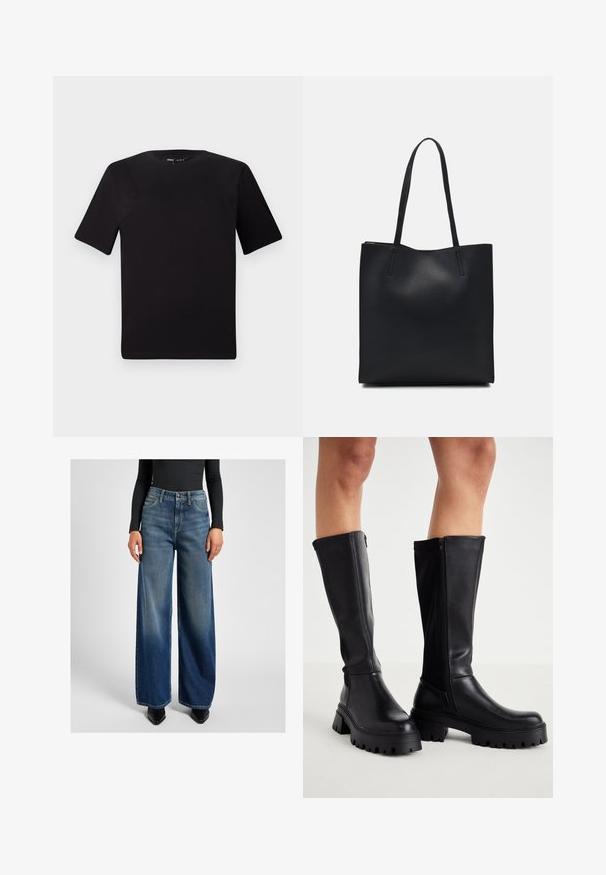 T-shirt preta de mangas curtas com decote redondo, feita de tecido de algodão suave. Design simples, sem logótipos ou padrões visíveis.; Mulher vestindo jeans azul de perna larga e cintura alta, top preto de manga longa canelado, sapatos pretos de bico fino, em pé contra um fundo claro e liso.; Botas pretas até ao joelho, feitas de imitação de couro suave, com sola robusta, fecho lateral com zíper e design de bico arredondado.; Bolsa tote preta em couro com textura lisa, forma retangular e duas alças longas. Sem hardware ou enfeites visíveis.
