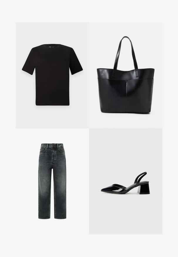 Juodas trumpas rankovės marškinėlis su apvaliu iškirpimu, pagamintas iš minkštos medvilnės medžiagos. Paprastas dizainas, be matomų logotipų ar raštų.; Tamsiai pilki džinsai su plačiu kirpimu, turintys mygtuko ir užtrauktuko uždarymą, diržo kilpas ir dvi priekinės kišenes.; Juodos lakuotos odinės šlepetės su smailiu pirštu ir geometriniu bloko kulnu. Turi elegantišką, minimalistinį dizainą ir lygų paviršių.; Juoda odinė rankinė su dviem ilgais diržais, lygiu paviršiumi ir struktūrizuota forma. Yra priekinė kišenė papildomam saugojimui.