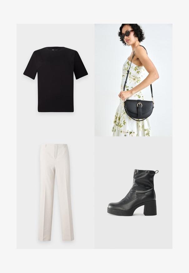 T-shirt noir à manches courtes avec un col rond, fabriqué en coton doux. Design simple, sans logos ni motifs visibles.; Pantalons beige sur mesure avec une coupe droite, présentant une texture lisse, deux poches avant et sans détails matériels visibles.; Bottes noires à la cheville en cuir lisse, dotées d'une fermeture éclair sur le côté, d'un talon épais texturé et d'une conception à bout rond.; Sac à main en cuir noir avec une forme courbée, bandoulière amovible et des accessoires en or. Le sac est doté d'un rabat avec un détail de boucle.